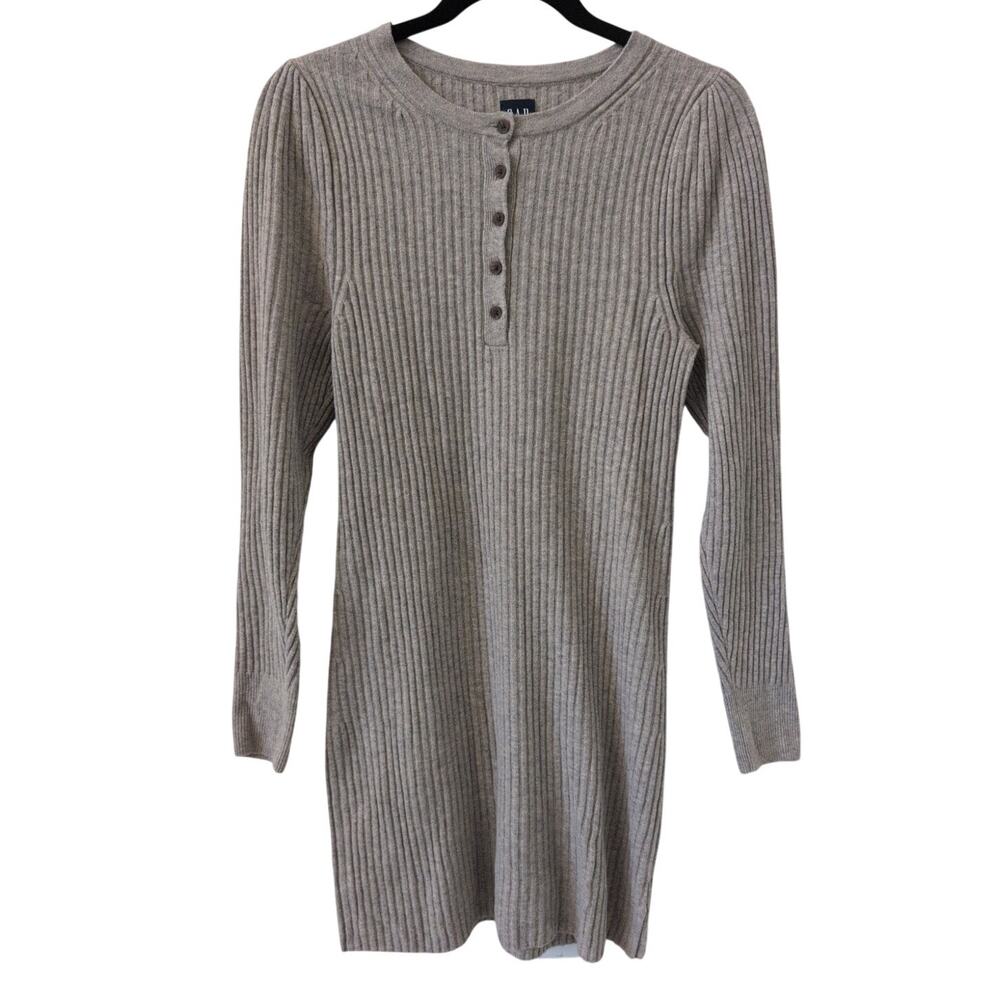 Gap Long Sleeve CashSoft Henley Ribbed Sweater Dress Pebble Grey sz Small
